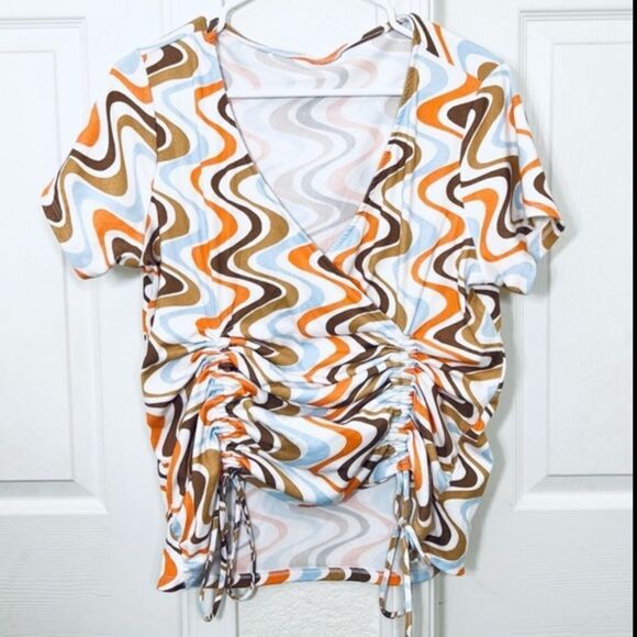 Funky Retro 70’s Top White Blue Brown Orange Geo Stripes Ribbed Short Sleeve XL - Picture 10 of 10